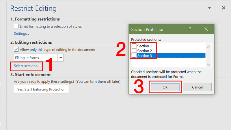 Bỏ chọn tất cả section c&oacute; trong mục Protected sections